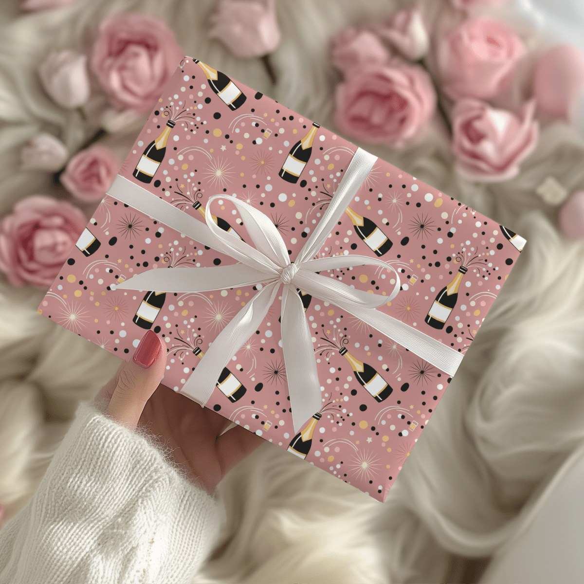 Cork Pops & Confetti Drops – Champagne Celebration Wrapping Paper