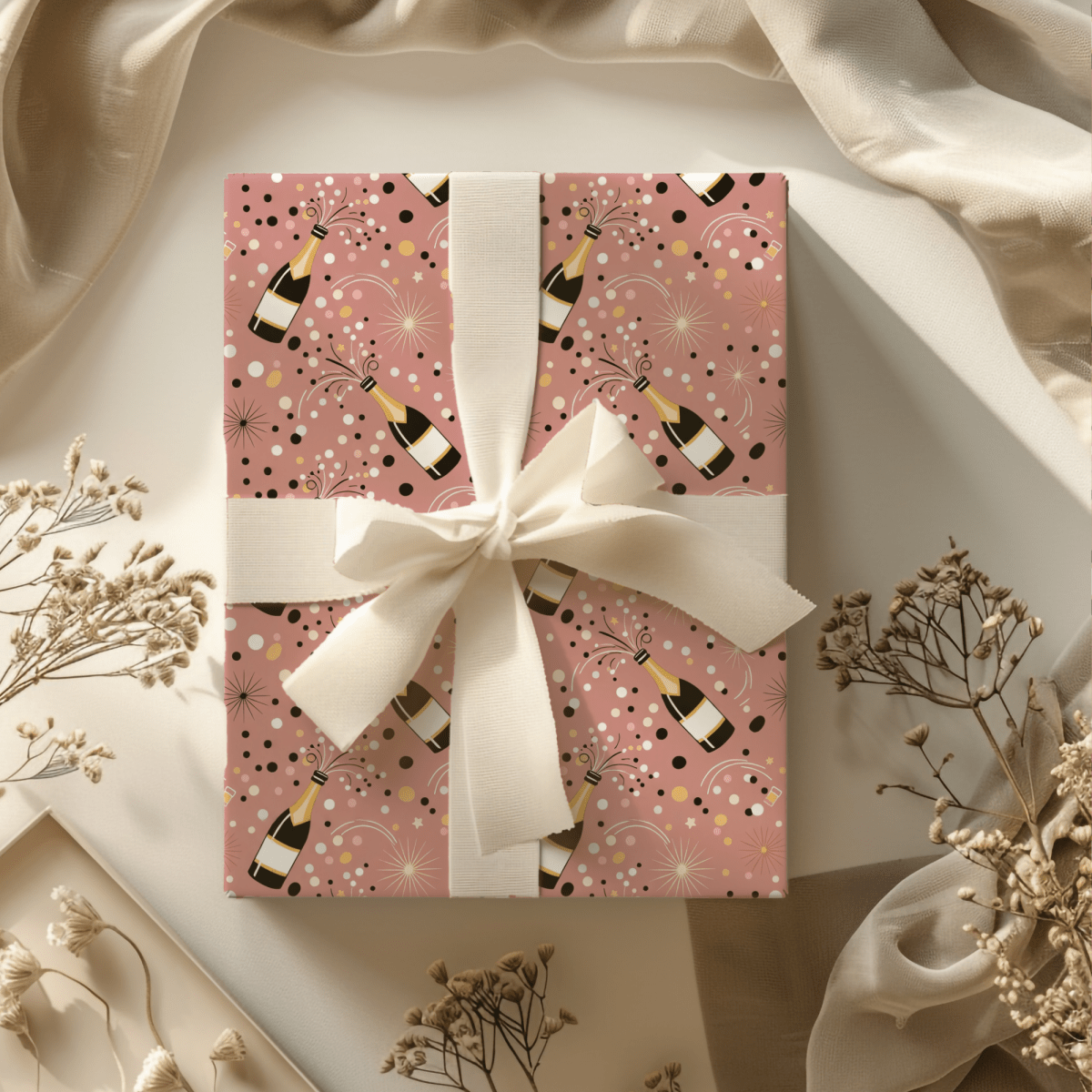 Cork Pops & Confetti Drops – Champagne Celebration Wrapping Paper