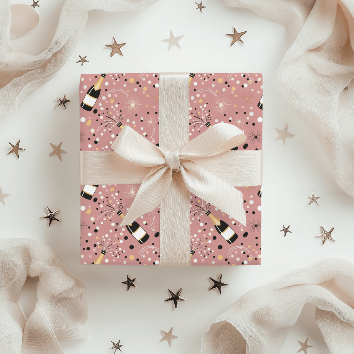 Cork Pops & Confetti Drops – Champagne Celebration Wrapping Paper