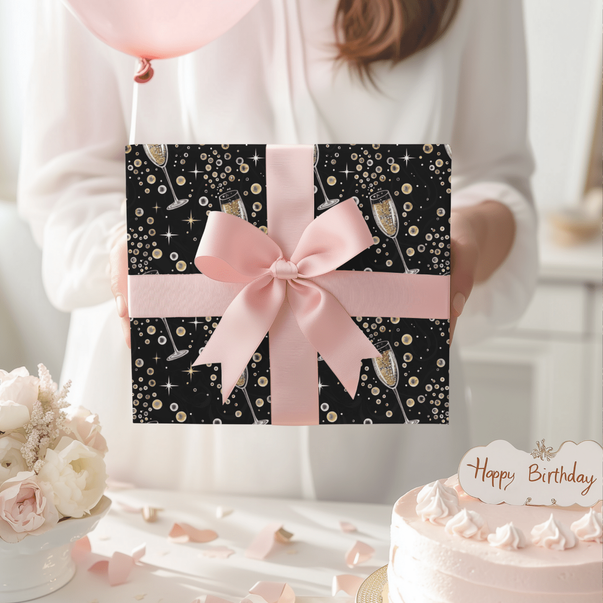 Pop, Fizz & Midnight Kisses – Champagne Celebration Wrapping Paper