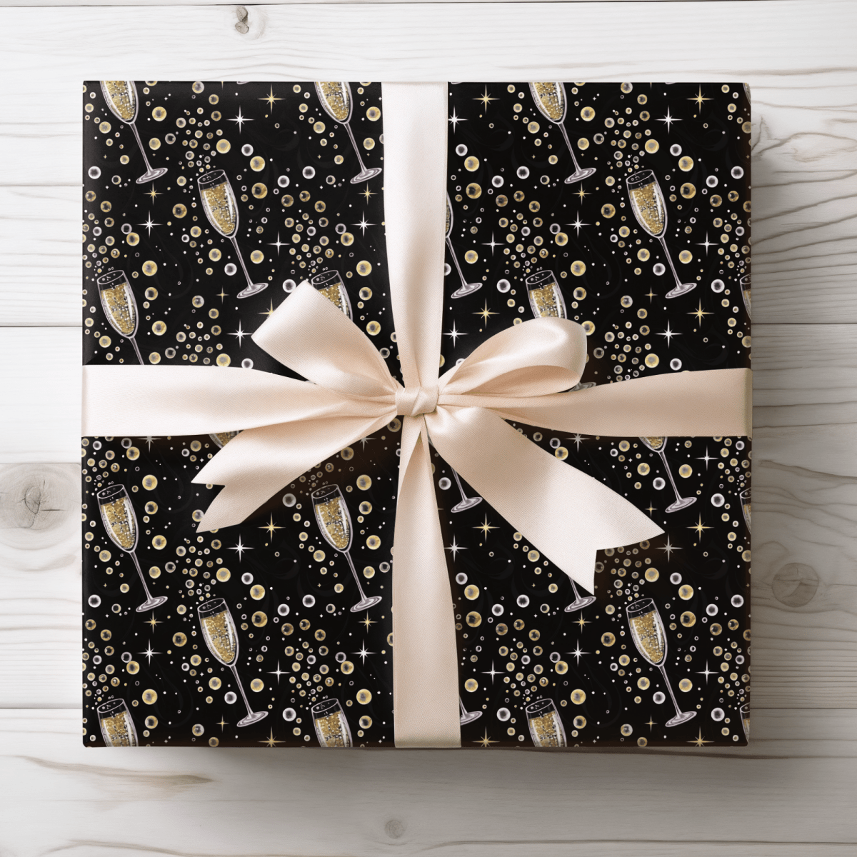 Pop, Fizz & Midnight Kisses – Champagne Celebration Wrapping Paper