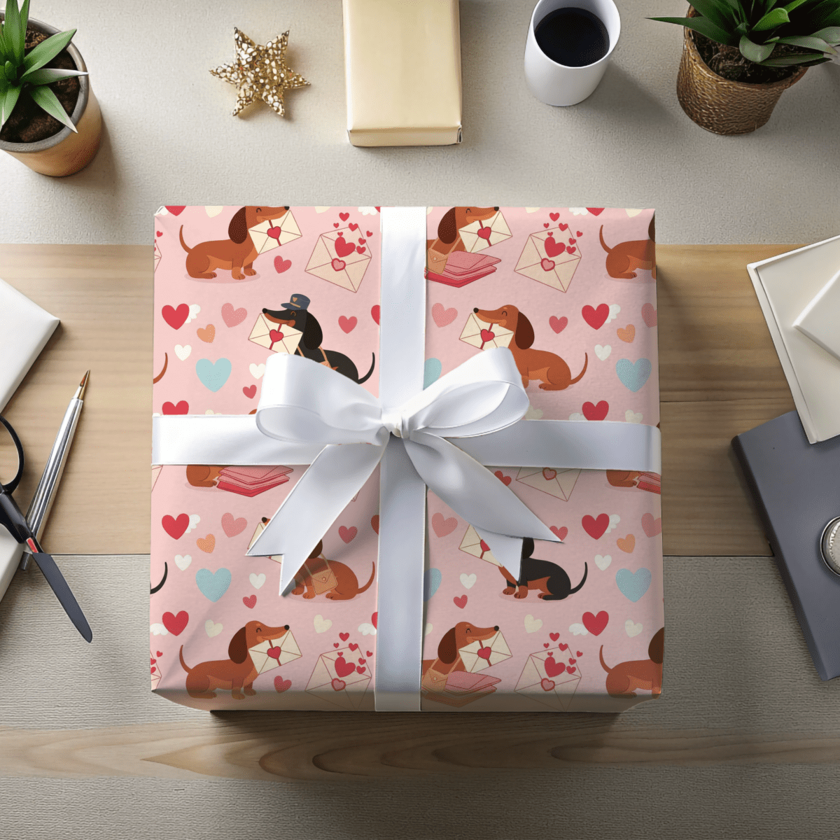 Valentine Dachshund Wrapping Paper Roll — Cute Dogs & Love Letters Gift Wrap