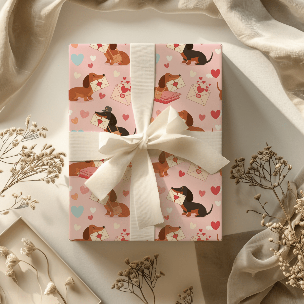 Valentine Dachshund Wrapping Paper Roll — Cute Dogs & Love Letters Gift Wrap
