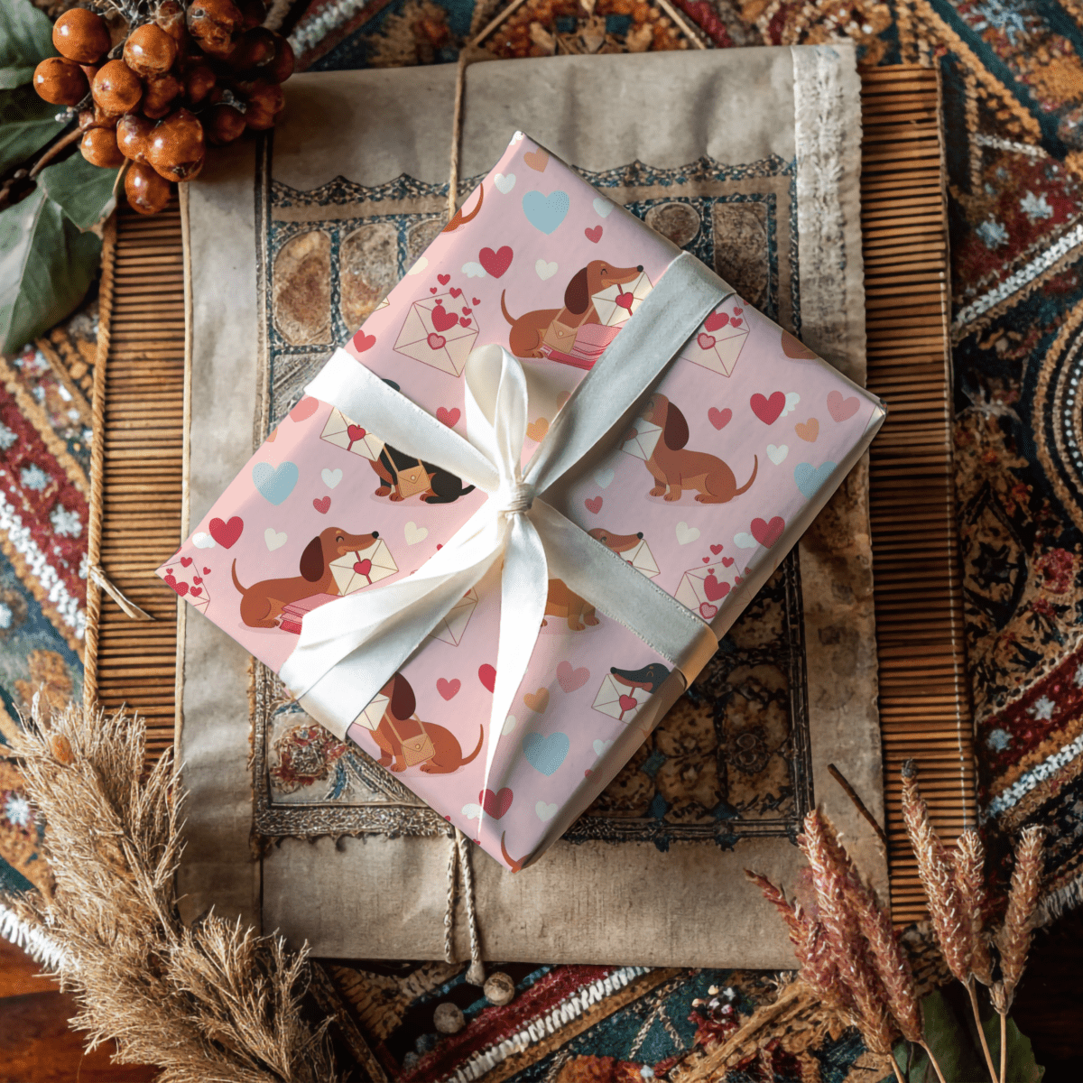 Valentine Dachshund Wrapping Paper Roll — Cute Dogs & Love Letters Gift Wrap