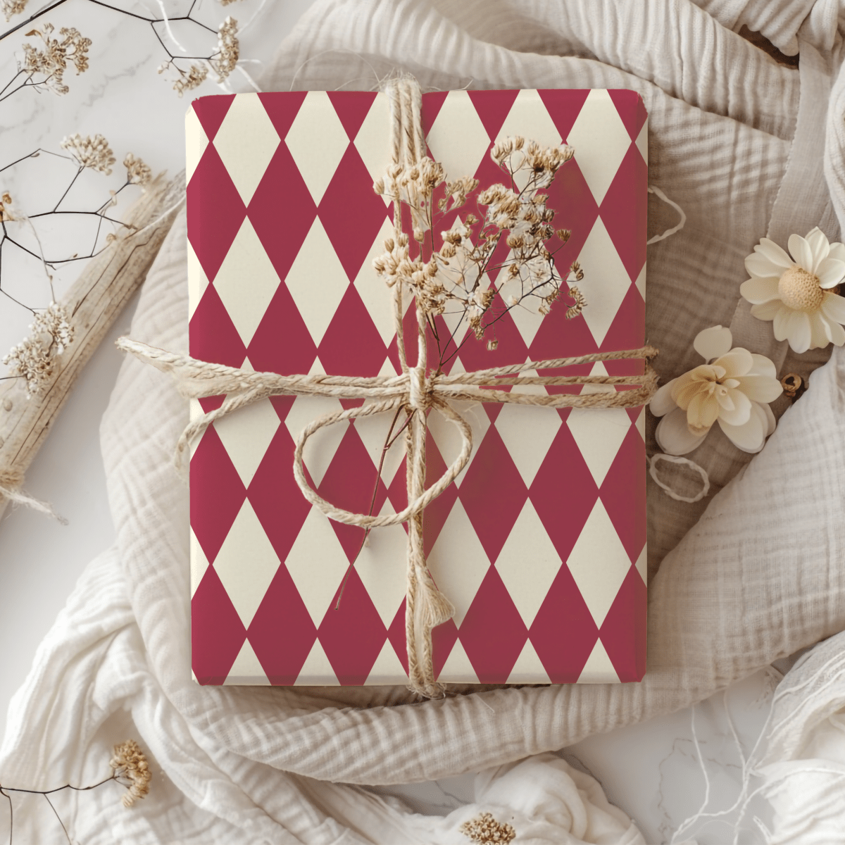 Crimson Harlequin Charm – Classic Diamond Wrapping Paper