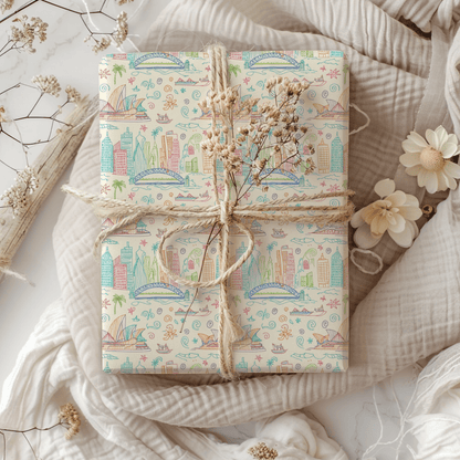 Sydney Sunsets & City Sketches – Whimsical Australia Wrapping Paper