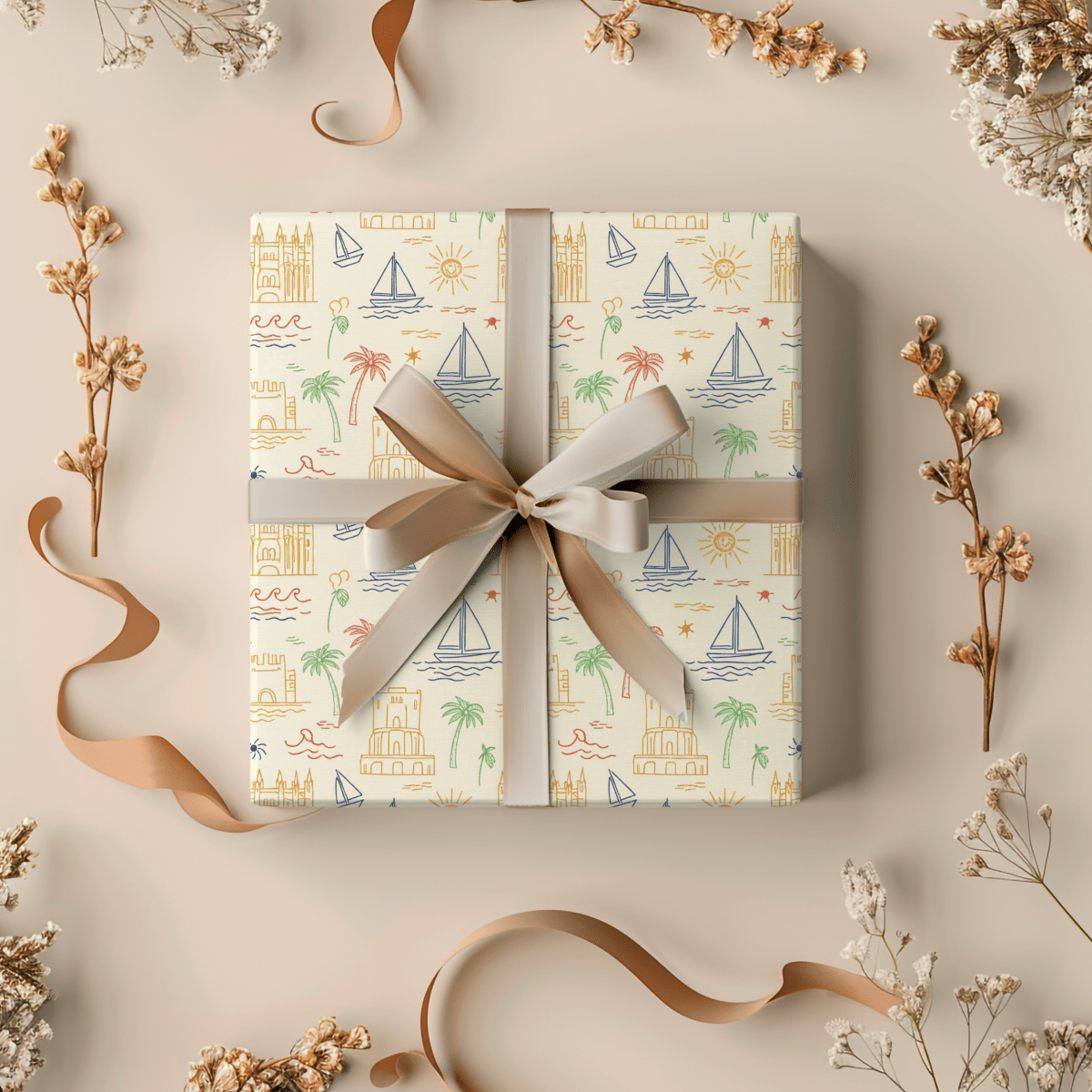 Sunwashed Shores – Mediterranean Sketch Wrapping Paper