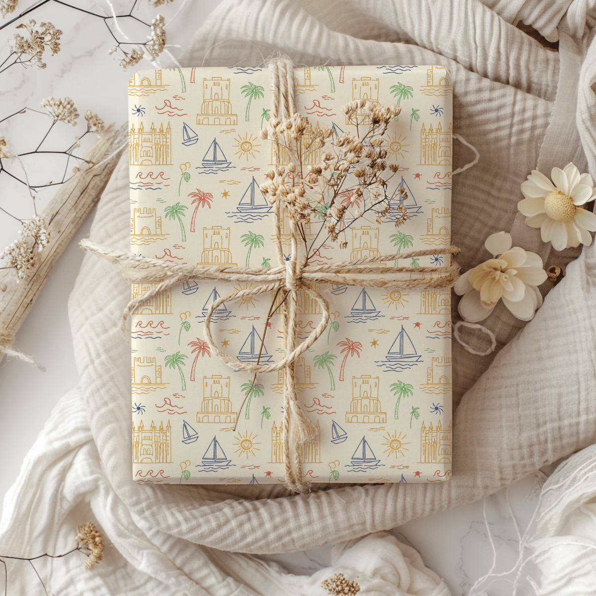 Sunwashed Shores – Mediterranean Sketch Wrapping Paper