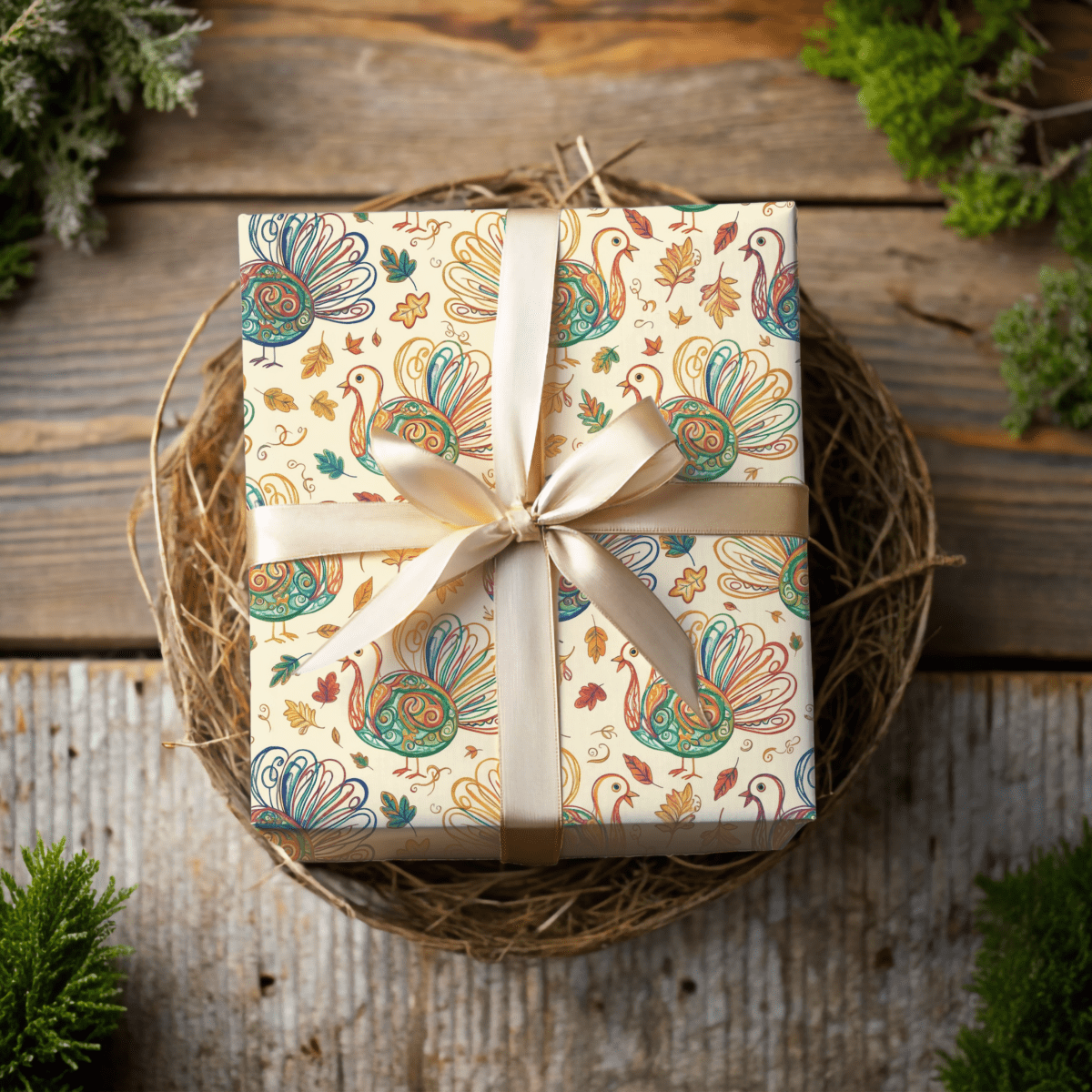 Gobble Glow & Autumn Swirls – Whimsical Turkey Wrapping Paper