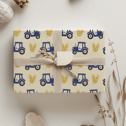 Blue Ribbon Harvest – Whimsical Tractor Wrapping Paper