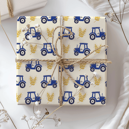 Blue Ribbon Harvest – Whimsical Tractor Wrapping Paper
