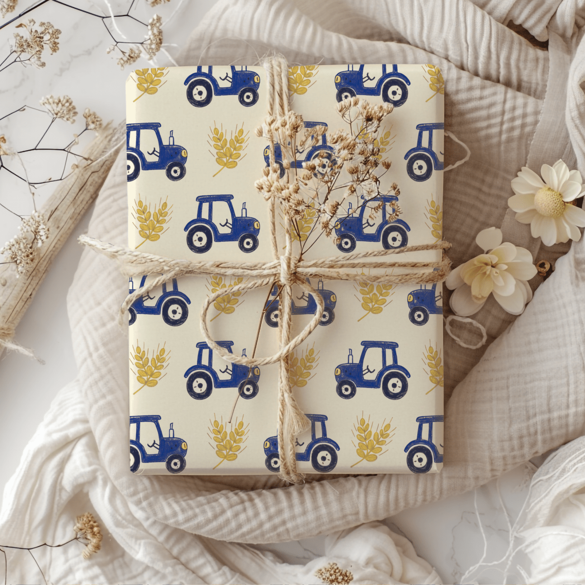 Blue Ribbon Harvest – Whimsical Tractor Wrapping Paper