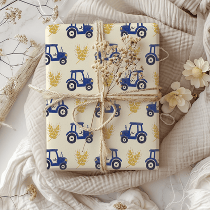 Blue Ribbon Harvest – Whimsical Tractor Wrapping Paper