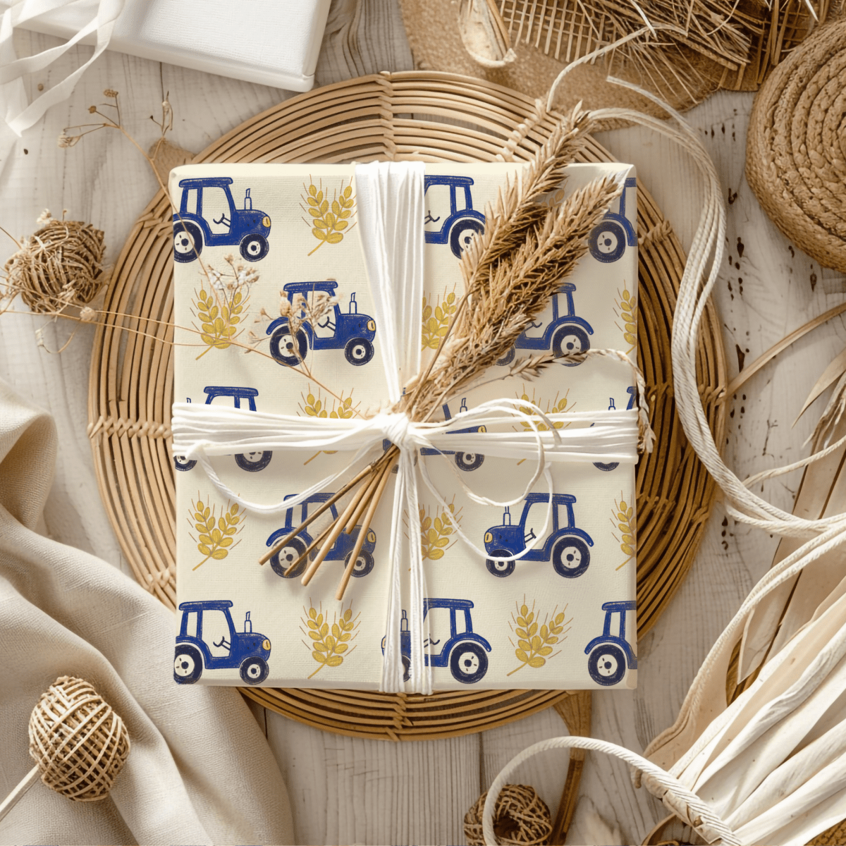Blue Ribbon Harvest – Whimsical Tractor Wrapping Paper