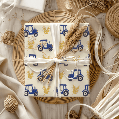 Blue Ribbon Harvest – Whimsical Tractor Wrapping Paper