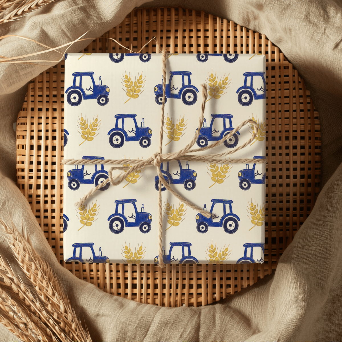 Blue Ribbon Harvest – Whimsical Tractor Wrapping Paper
