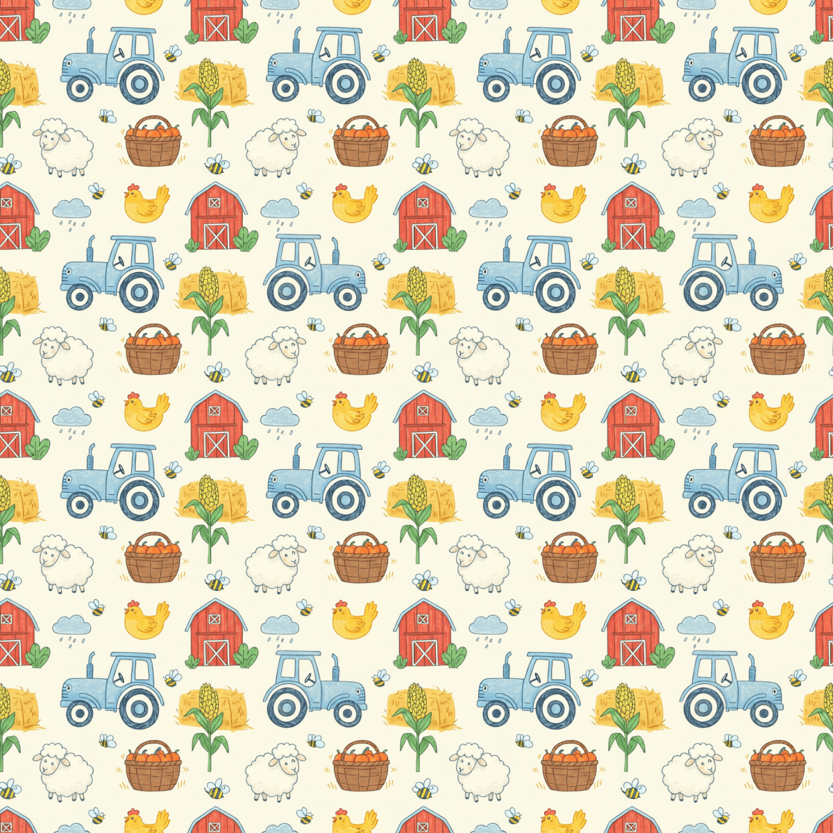 Little Red Barn & Tractor Charm – Whimsical Farm Wrapping Paper