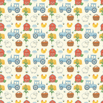 Little Red Barn & Tractor Charm – Whimsical Farm Wrapping Paper