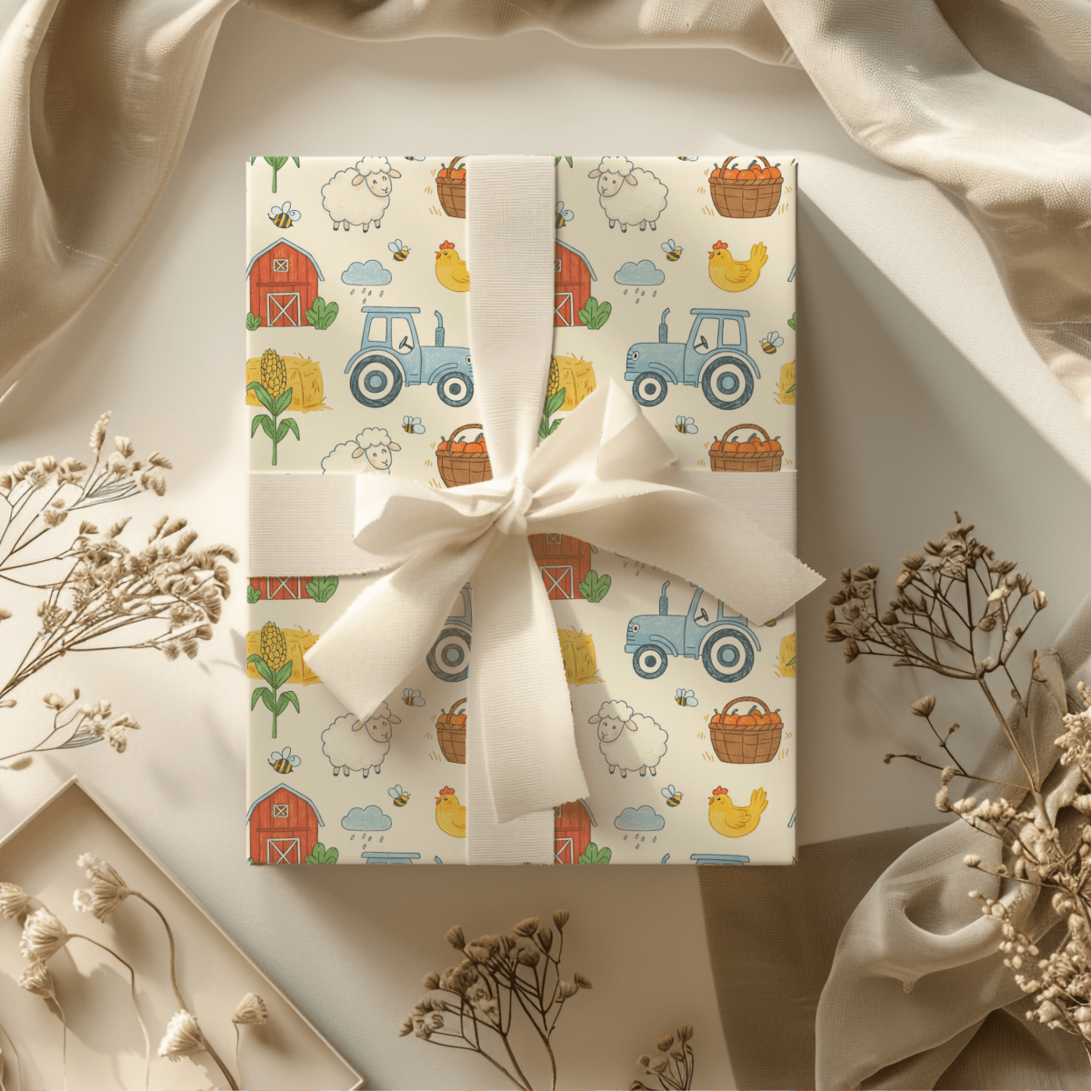 Little Red Barn & Tractor Charm – Whimsical Farm Wrapping Paper