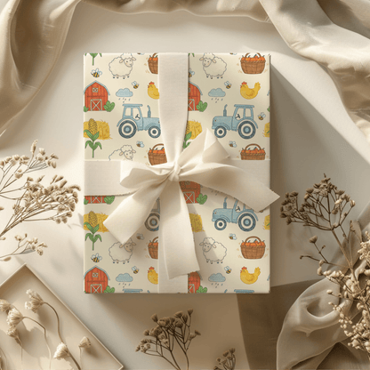 Little Red Barn & Tractor Charm – Whimsical Farm Wrapping Paper