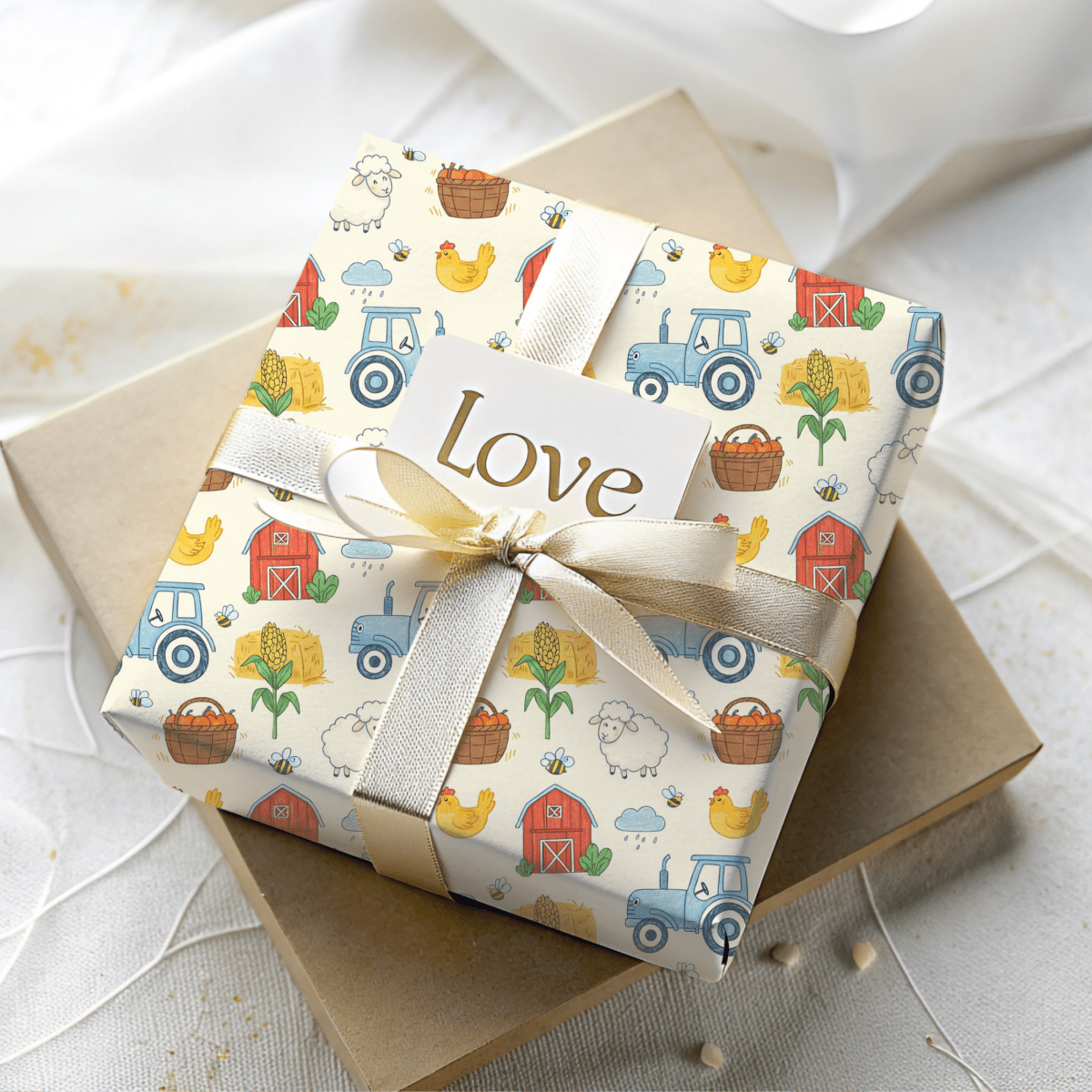 Little Red Barn & Tractor Charm – Whimsical Farm Wrapping Paper