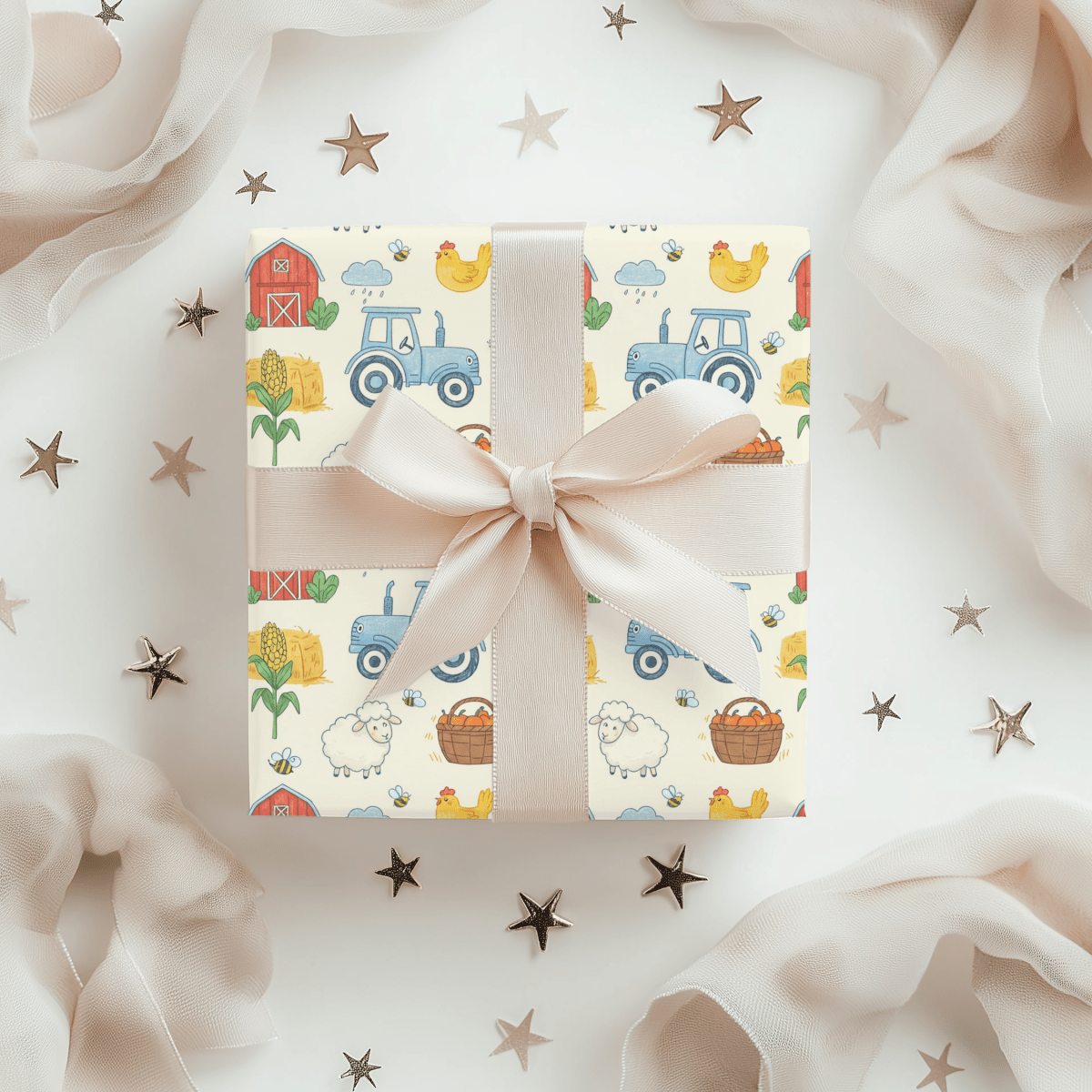 Little Red Barn & Tractor Charm – Whimsical Farm Wrapping Paper