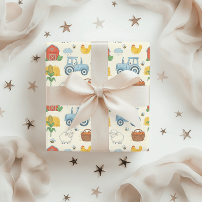 Little Red Barn & Tractor Charm – Whimsical Farm Wrapping Paper