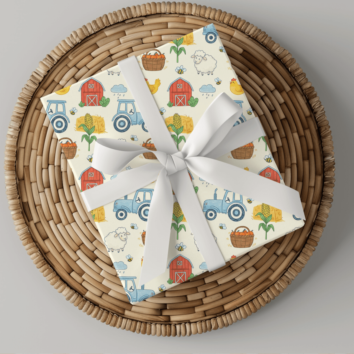 Little Red Barn & Tractor Charm – Whimsical Farm Wrapping Paper