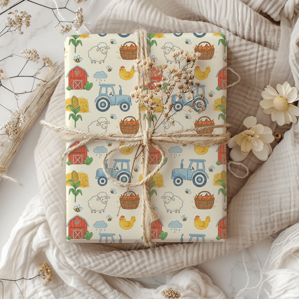 Little Red Barn & Tractor Charm – Whimsical Farm Wrapping Paper