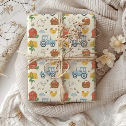 Little Red Barn & Tractor Charm – Whimsical Farm Wrapping Paper