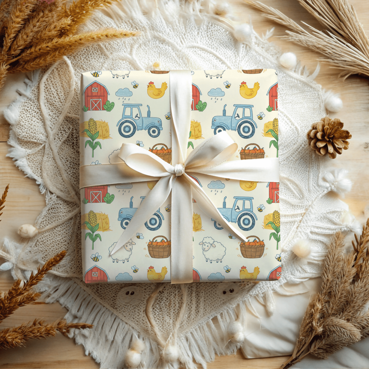 Little Red Barn & Tractor Charm – Whimsical Farm Wrapping Paper