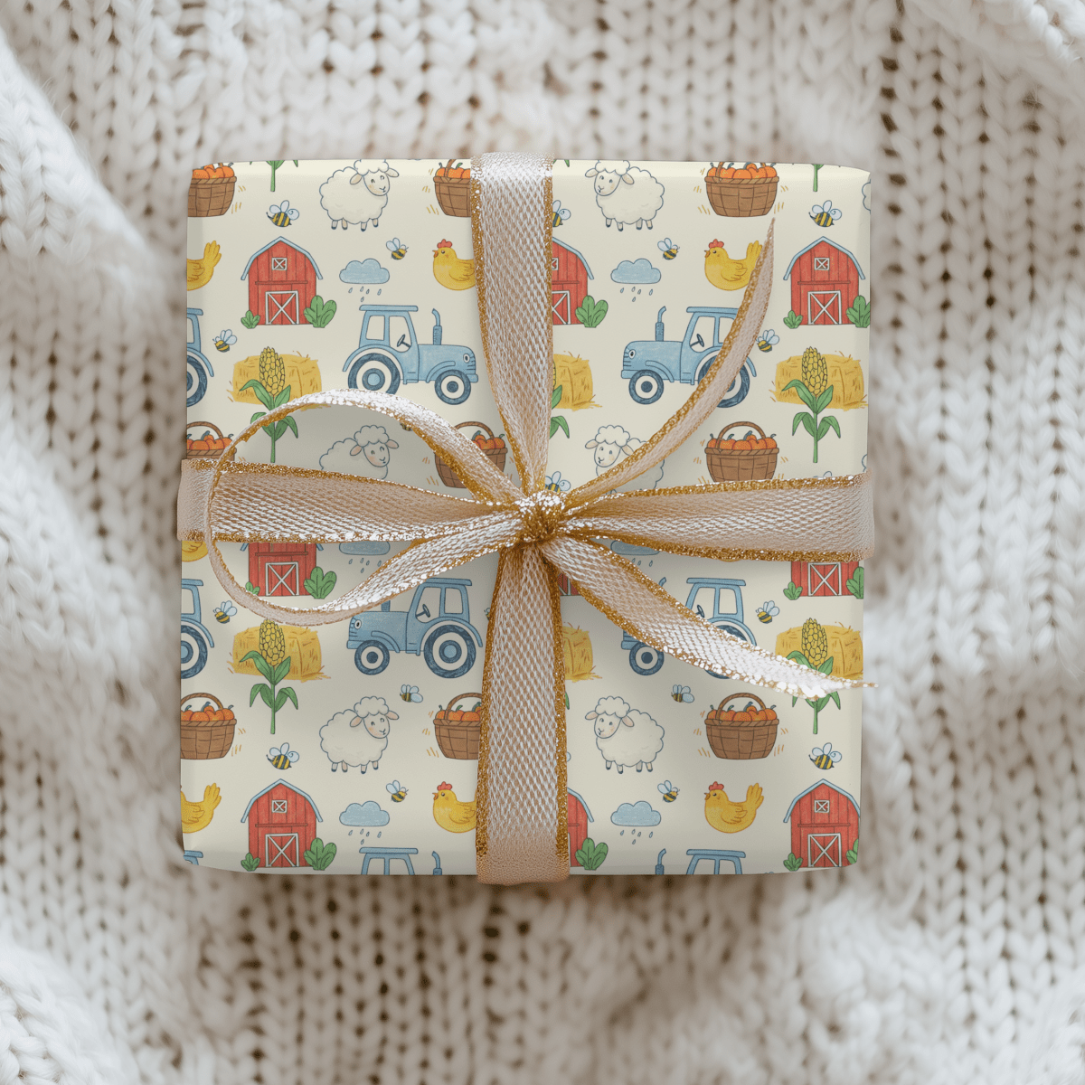 Little Red Barn & Tractor Charm – Whimsical Farm Wrapping Paper