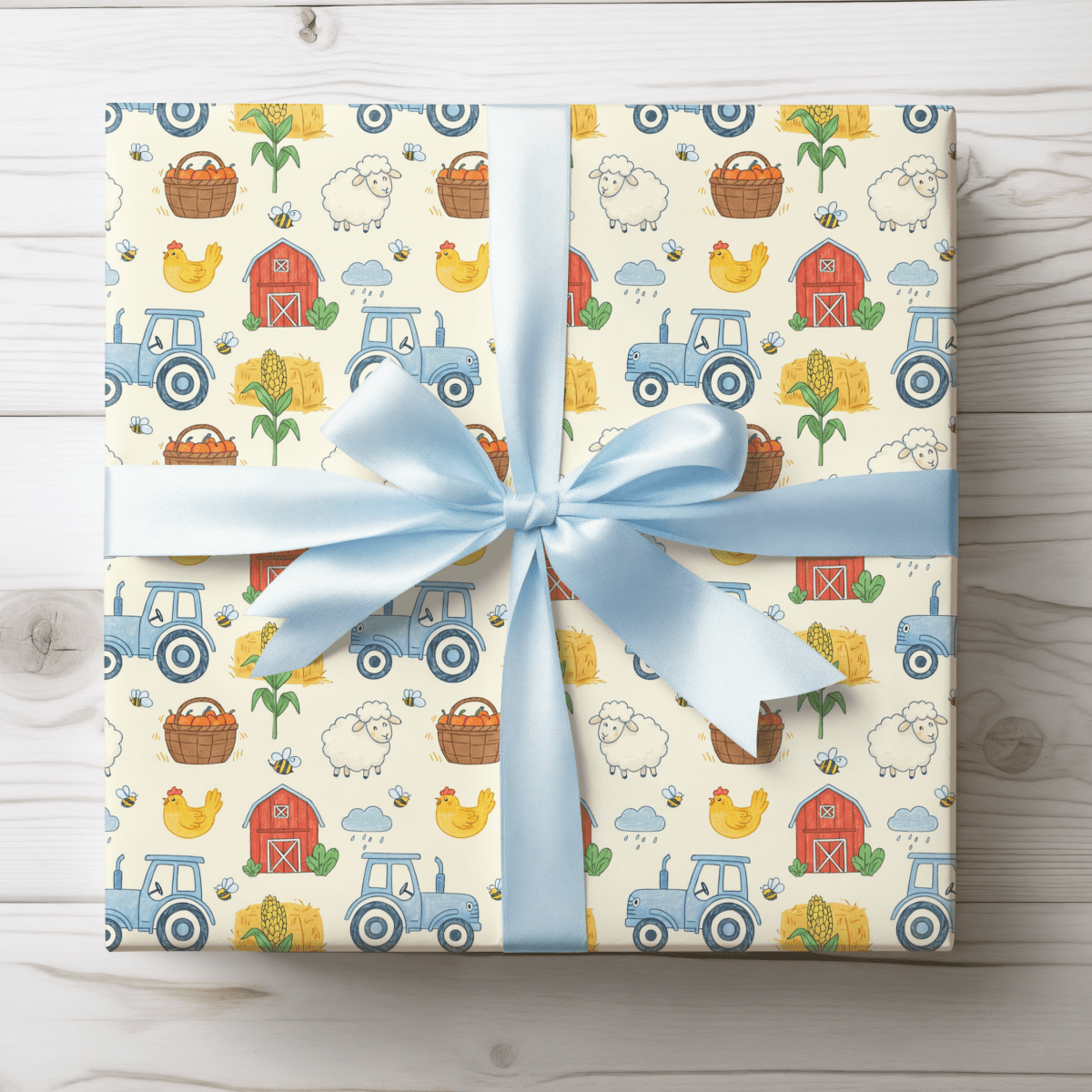 Little Red Barn & Tractor Charm – Whimsical Farm Wrapping Paper