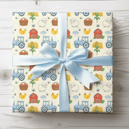 Little Red Barn & Tractor Charm – Whimsical Farm Wrapping Paper