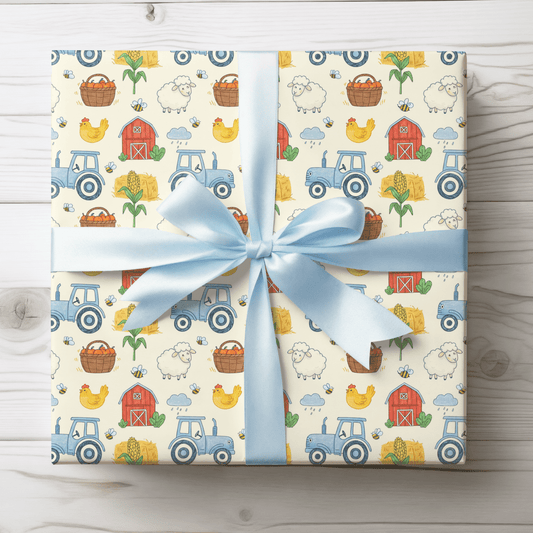 Little Red Barn & Tractor Charm – Whimsical Farm Wrapping Paper