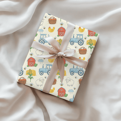 Little Red Barn & Tractor Charm – Whimsical Farm Wrapping Paper