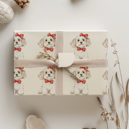 Bow Wow Belle -  Wrapping Paper Roll — Watercolor Bichon with Red Bow Gift Wrap for Dog Lovers