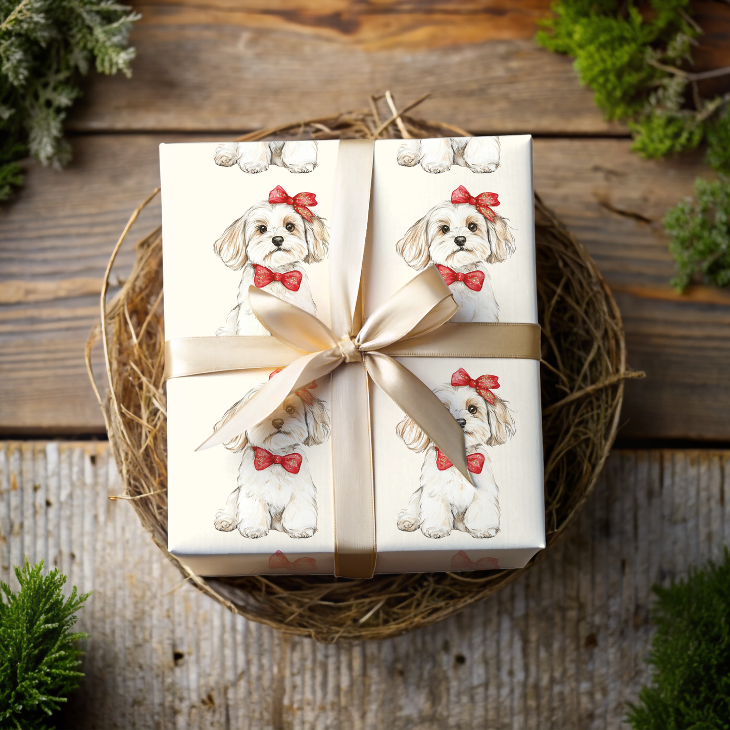 Bow Wow Belle -  Wrapping Paper Roll — Watercolor Bichon with Red Bow Gift Wrap for Dog Lovers
