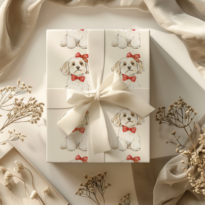 Bow Wow Belle -  Wrapping Paper Roll — Watercolor Bichon with Red Bow Gift Wrap for Dog Lovers