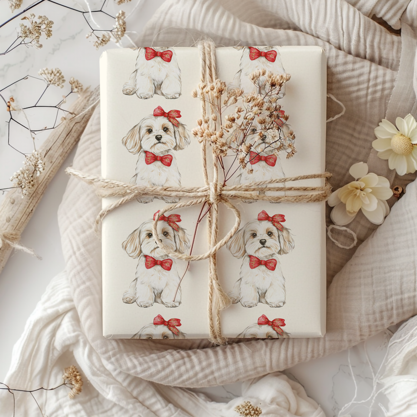 Bow Wow Belle -  Wrapping Paper Roll — Watercolor Bichon with Red Bow Gift Wrap for Dog Lovers