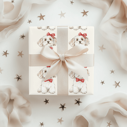 Bow Wow Belle - Wrapping Paper Roll — Watercolor Bichon with Red Bow Gift Wrap for Dog Lovers