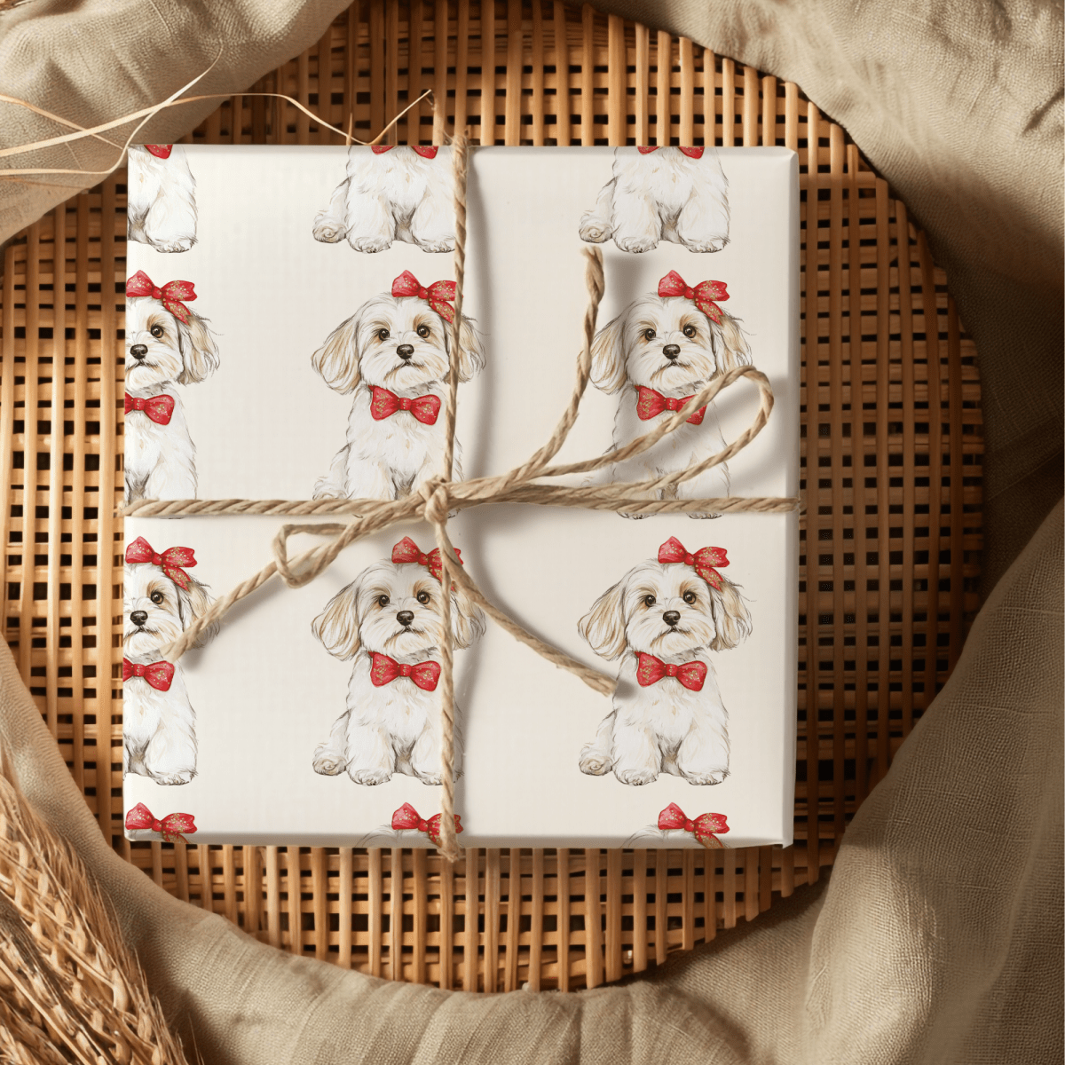 Bow Wow Belle - Wrapping Paper Roll — Watercolor Bichon with Red Bow Gift Wrap for Dog Lovers