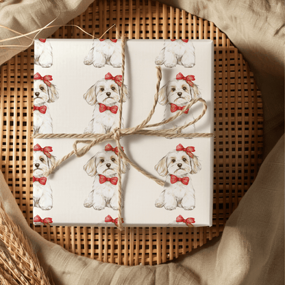 Bow Wow Belle - Wrapping Paper Roll — Watercolor Bichon with Red Bow Gift Wrap for Dog Lovers