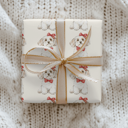 Bow Wow Belle - Wrapping Paper Roll — Watercolor Bichon with Red Bow Gift Wrap for Dog Lovers