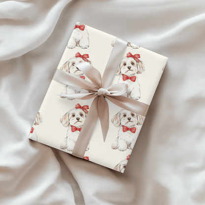 Bow Wow Belle - Wrapping Paper Roll — Watercolor Bichon with Red Bow Gift Wrap for Dog Lovers