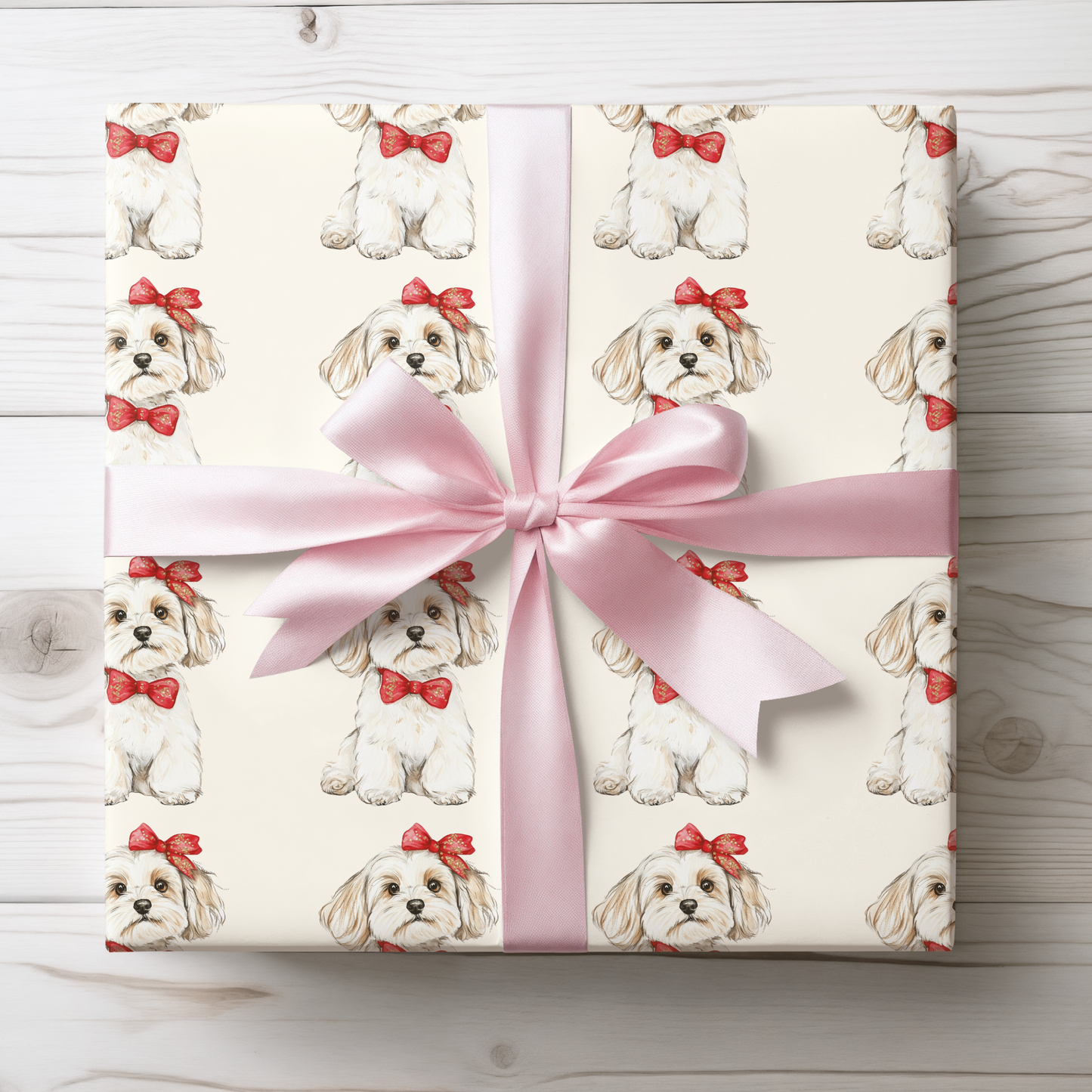 Bow Wow Belle -  Wrapping Paper Roll — Watercolor Bichon with Red Bow Gift Wrap for Dog Lovers