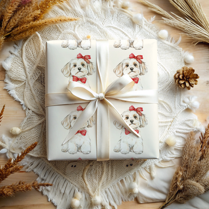 Bow Wow Belle -  Wrapping Paper Roll — Watercolor Bichon with Red Bow Gift Wrap for Dog Lovers