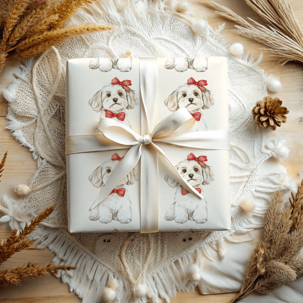Bow Wow Belle - Wrapping Paper Roll — Watercolor Bichon with Red Bow Gift Wrap for Dog Lovers
