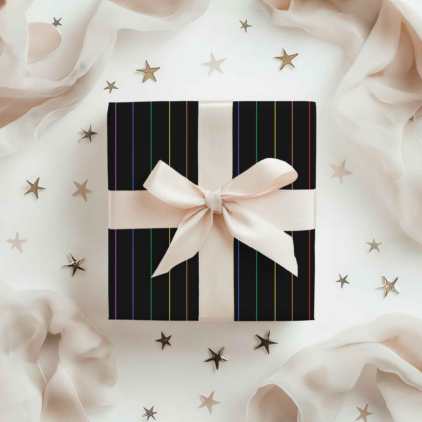 Midnight Rainbow Pinstripes — Black Gift Wrap with Subtle Iridescent Lines
