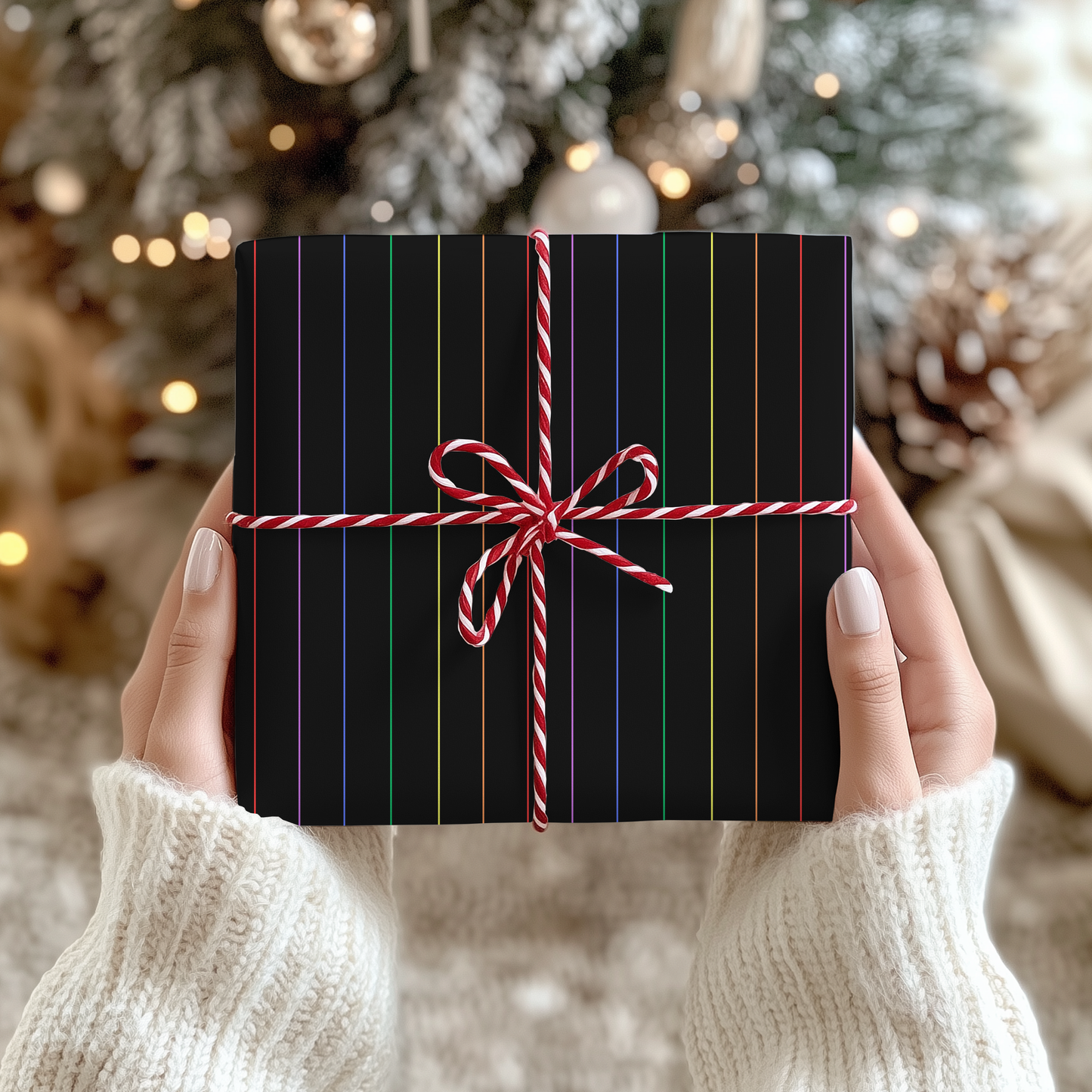 Midnight Rainbow Pinstripes — Black Gift Wrap with Subtle Iridescent Lines
